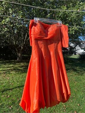 VINTAGE Y2K Cinderella brand Bright Orange mini strapless Prom Dress with Shawl